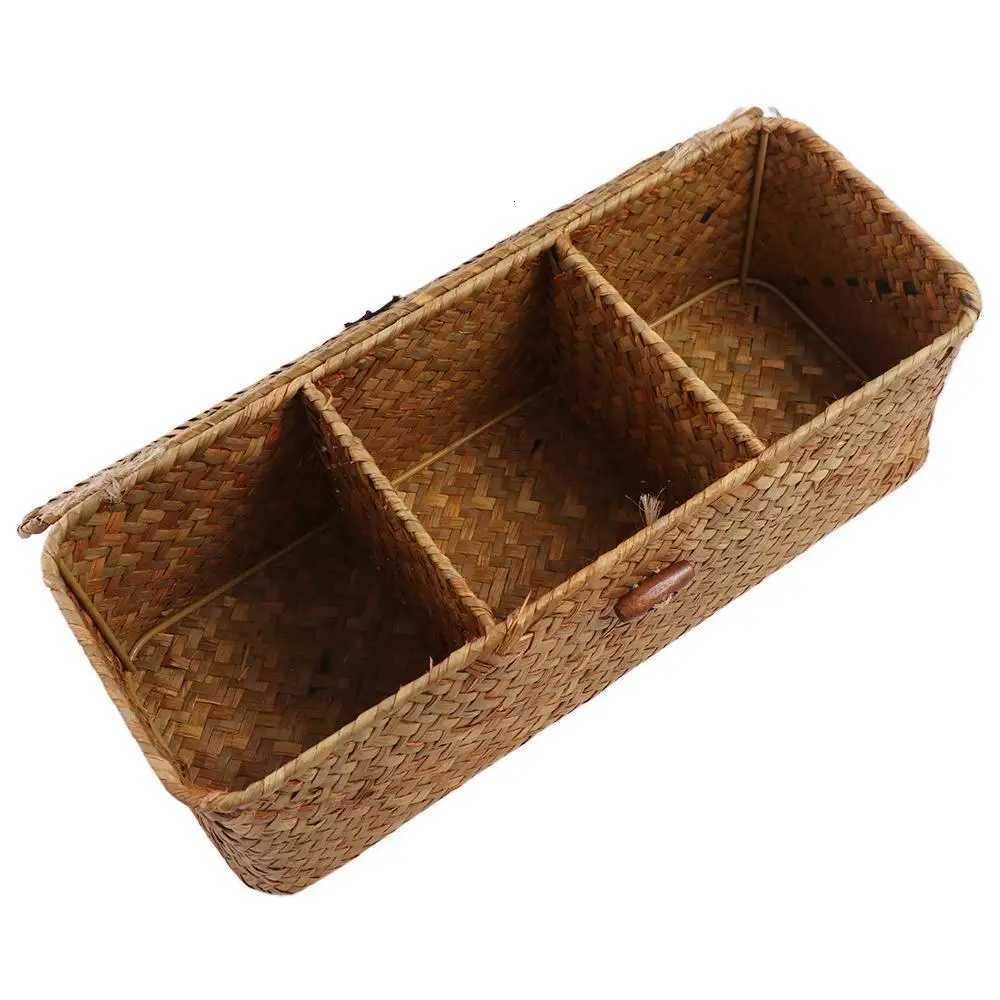 3 Grids Hand Woven Storage Baskets with Lid Dust Clothing Basket Storage Box Rectangular Wardrobe Container Sundries Organizer C251023