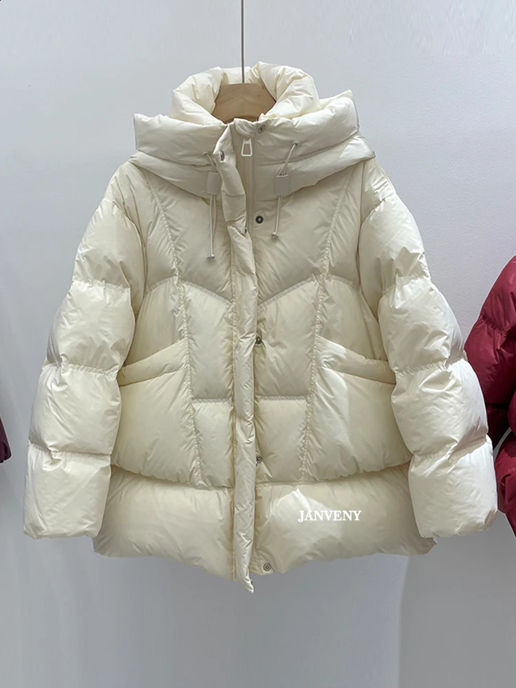 Janveny Winter Thickened Puffer Down Jacket Women Warm Hooded Medium Length Loose Solid Color 90 White Duck Coat 251022