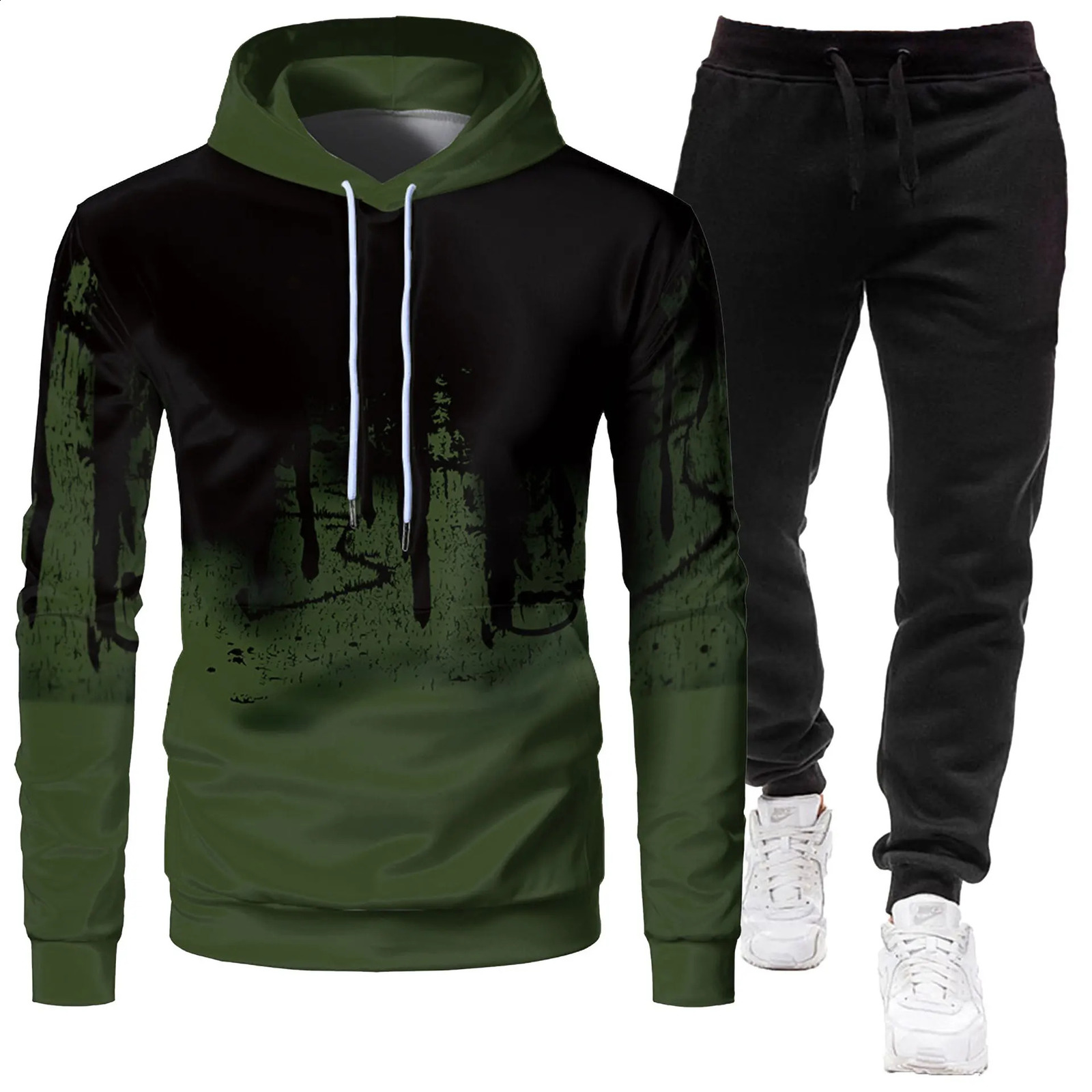 Autumn and winter mens hoodie long pants twopiece set zipper hooded jacket graffiti printed sports trend fashion casual 251023