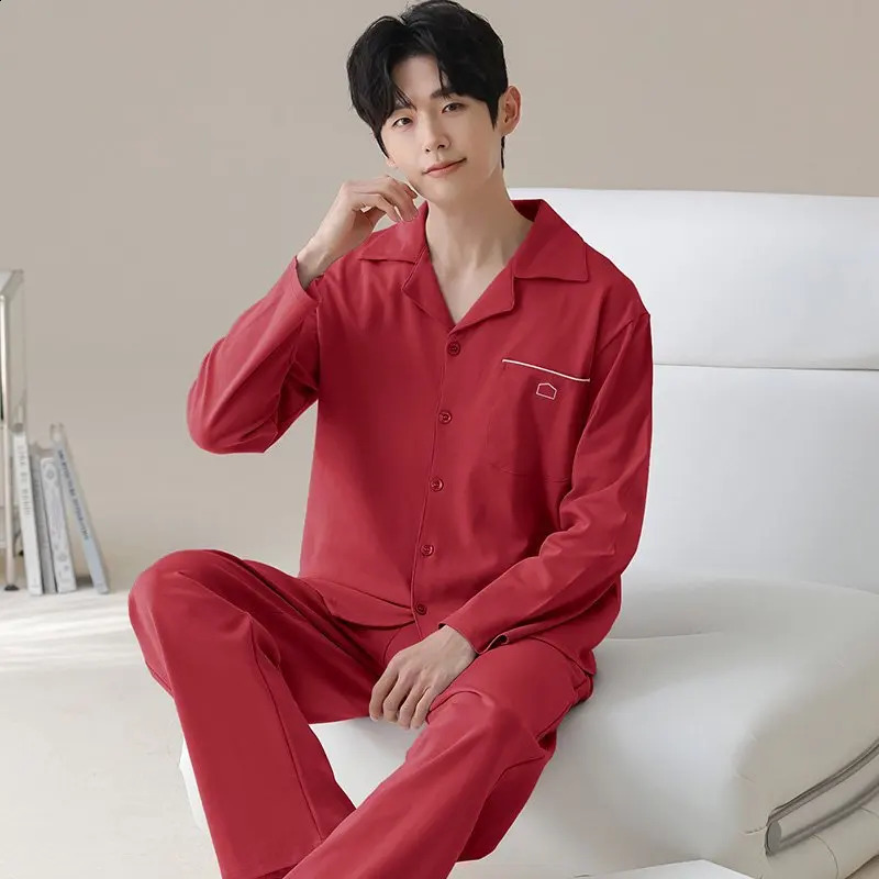Modal Cotton Mens Pajamas Spring Autumn Thin Longsleeved Trousers Large Size Solid Homewear Male Outside Loungewear Suit 251021