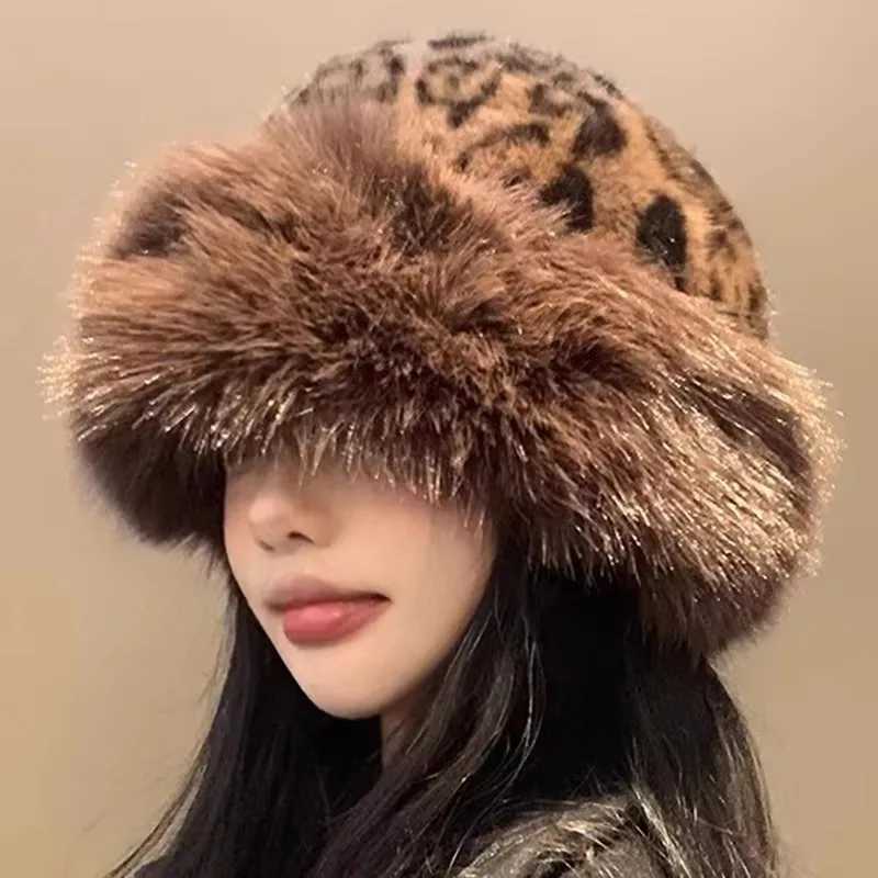 Retro opard Print Bucket Hat Wen Fashion Furry Fisherman Faux Fur Warm Winter Luxury Ear Protection Plush Panama GirlsW251023