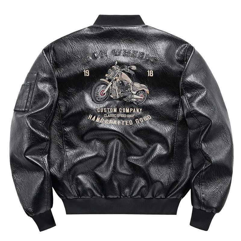 Mens Emboridery Motorcycle Leather Jacket Autumn American Motorbiker Coat Men Baseball Collar Pilot Casual PU Leather Jackets W251023