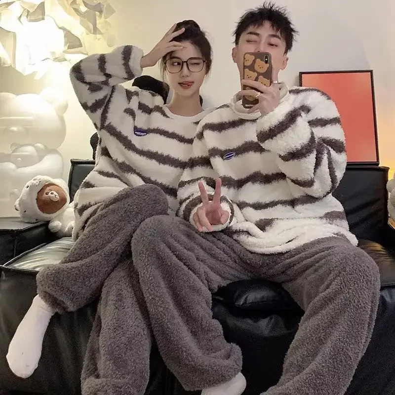 Couple Pajamas for Men Fleece Winter Sleepwear Korean Sleeping Night Wear 2 Pcs Pants Sets Oneck Warm Home Suit Striped Pijama 251021