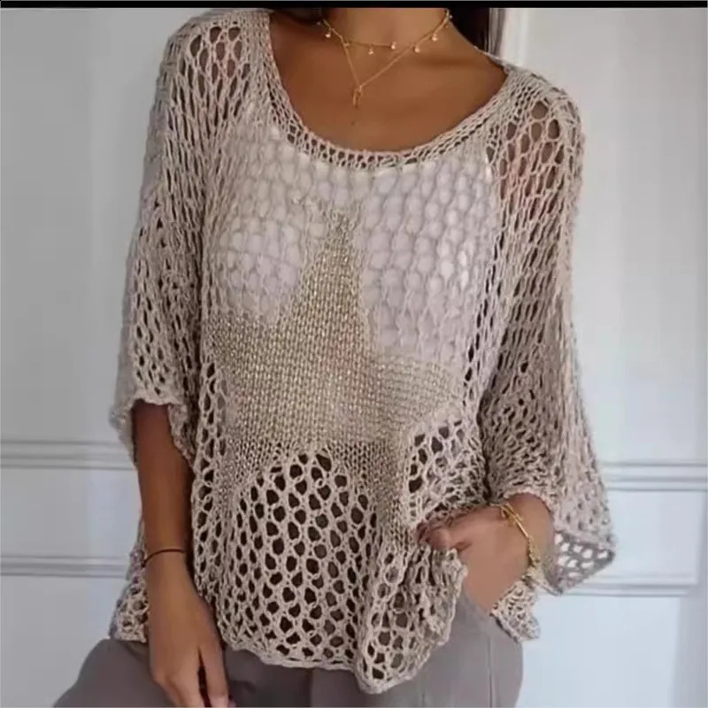Fashion Women Star Pattern Mesh Hollow Out Fishnet Knit Beach CoverUp Pullovers FiveStar Round Neck Hollow Crochet Top 251023