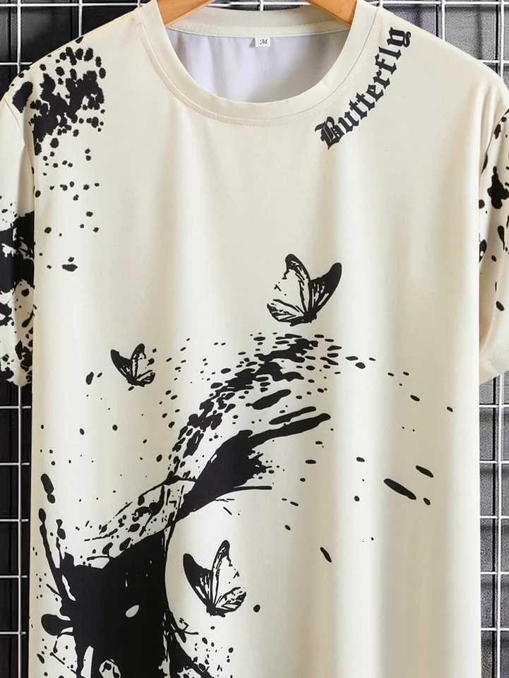 Fashionable casual mens butterfly and splash ink printed Tshirt comfortable breathable quick drying short sleeved TshirtXJ251023