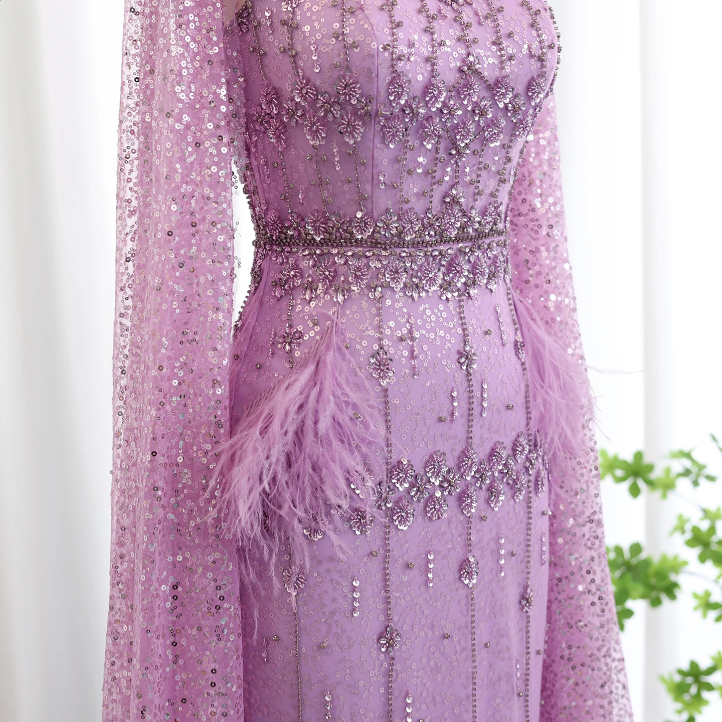 Sharon Said Feathers Dubai Bling Gray Mermaid Dresses Lilac Sage Cape Arabic Women Wedding Party Gown SS279 Customized 251020
