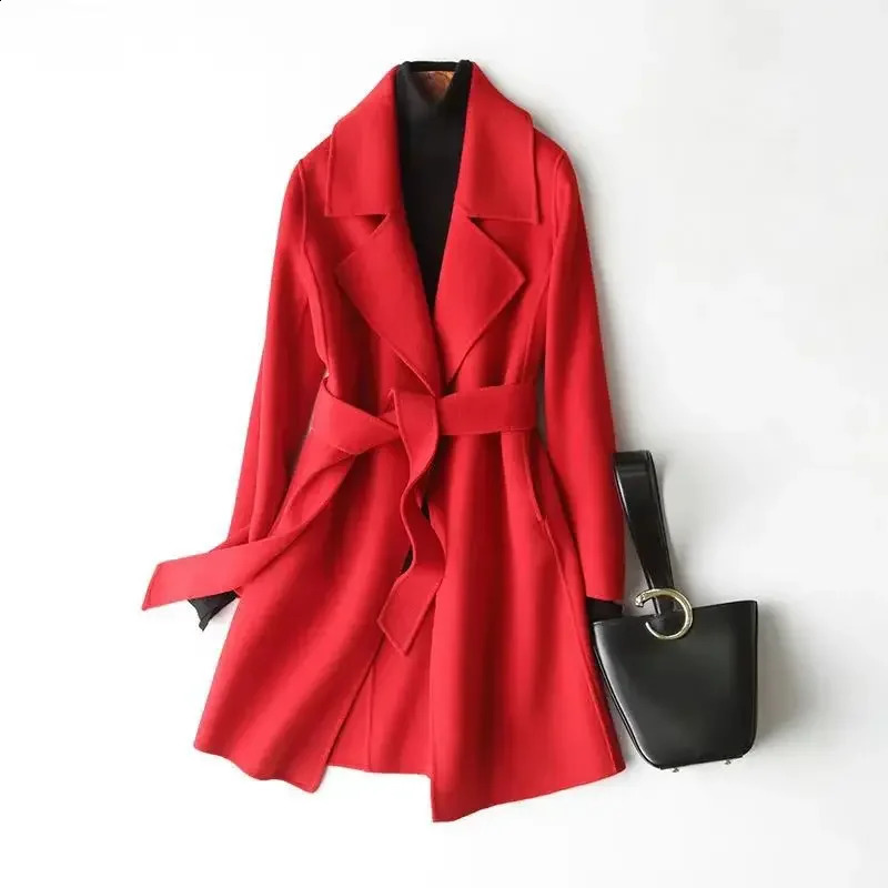 Plus Size Autumn Winter Womens Woolen Coat Belted MidLength Jacket Khaki Color Brick Red Black Fashionable Oute 251018
