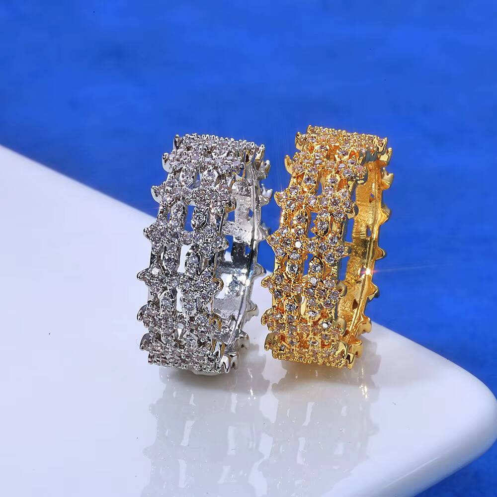 NUOYA New Arrival 8mm Double Row Cross Ring 925 Silver White VVS Moissanite Iced Bling Design Womens Fine Jewelry