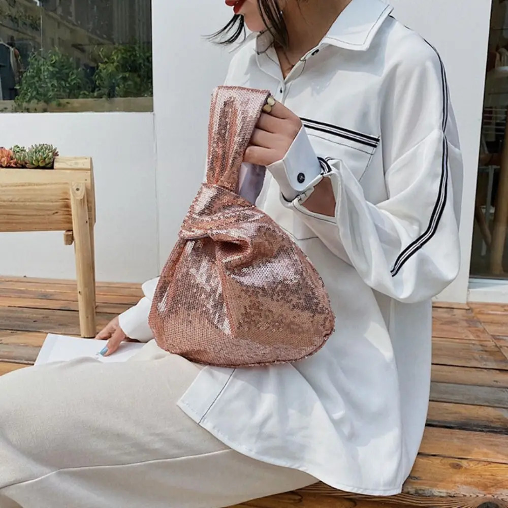Solid Color Knot Wrist Bag Casual Korean Style Glitter Tote Bucket Year Gift Sequin Handbag Ladies 251018