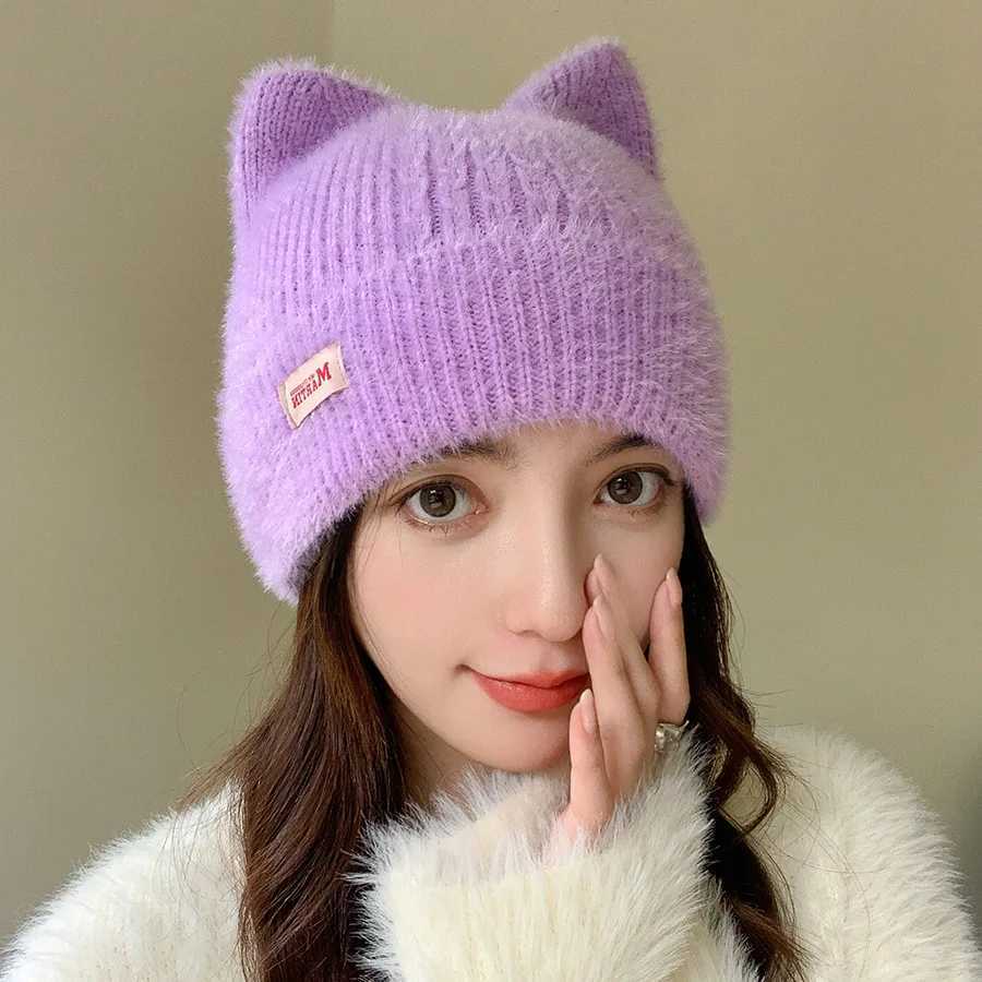 New Women Cute Cat Ear Earflap Winter Hat Fashion Faux Fur Knitted Hat Kpop Style Soft Beanie Hats Candy Female Streetwear CapXJ251023
