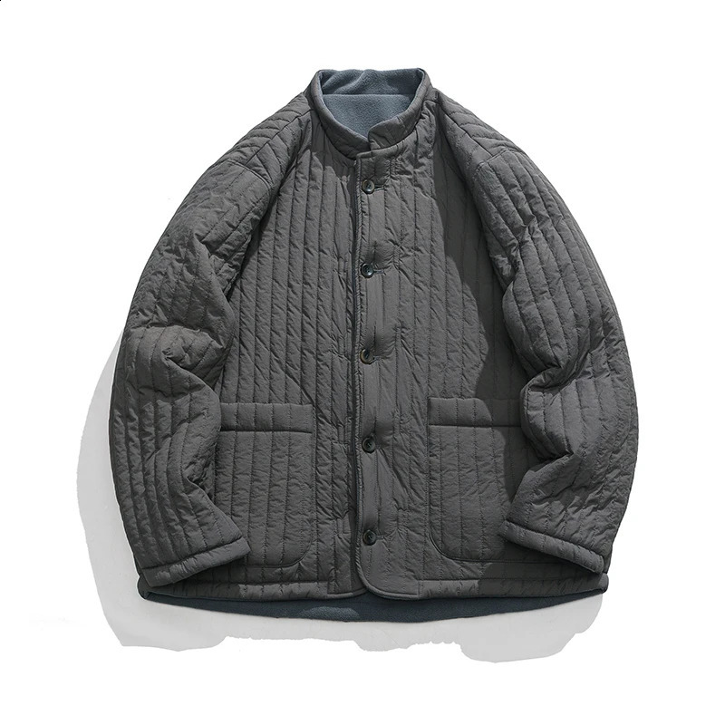Vintage Quilted Cotton Parkas Mens Solid Color Standing Collar Coats Chinese Style Harajuku Plush Couple Jacket Wear Both Sides 251013