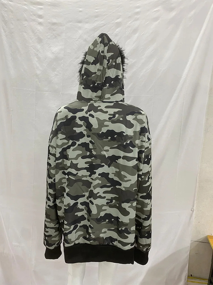 Winter Camouflage Pattern Hoodie womens Warm Fluffy Fur Collar sweatshirt Casual Trendy Hooded zipup woman clothing 251022