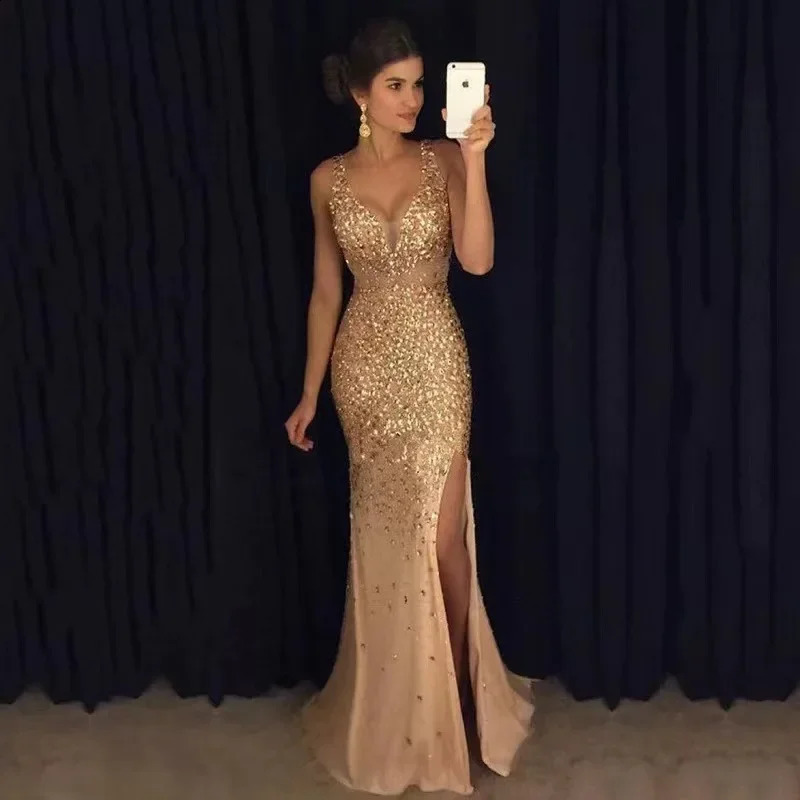 Autumn Winter Long Evening Gown Gold Embossed Dress Cross Slit V Neck Empire Waist Regular Type Womens 251022
