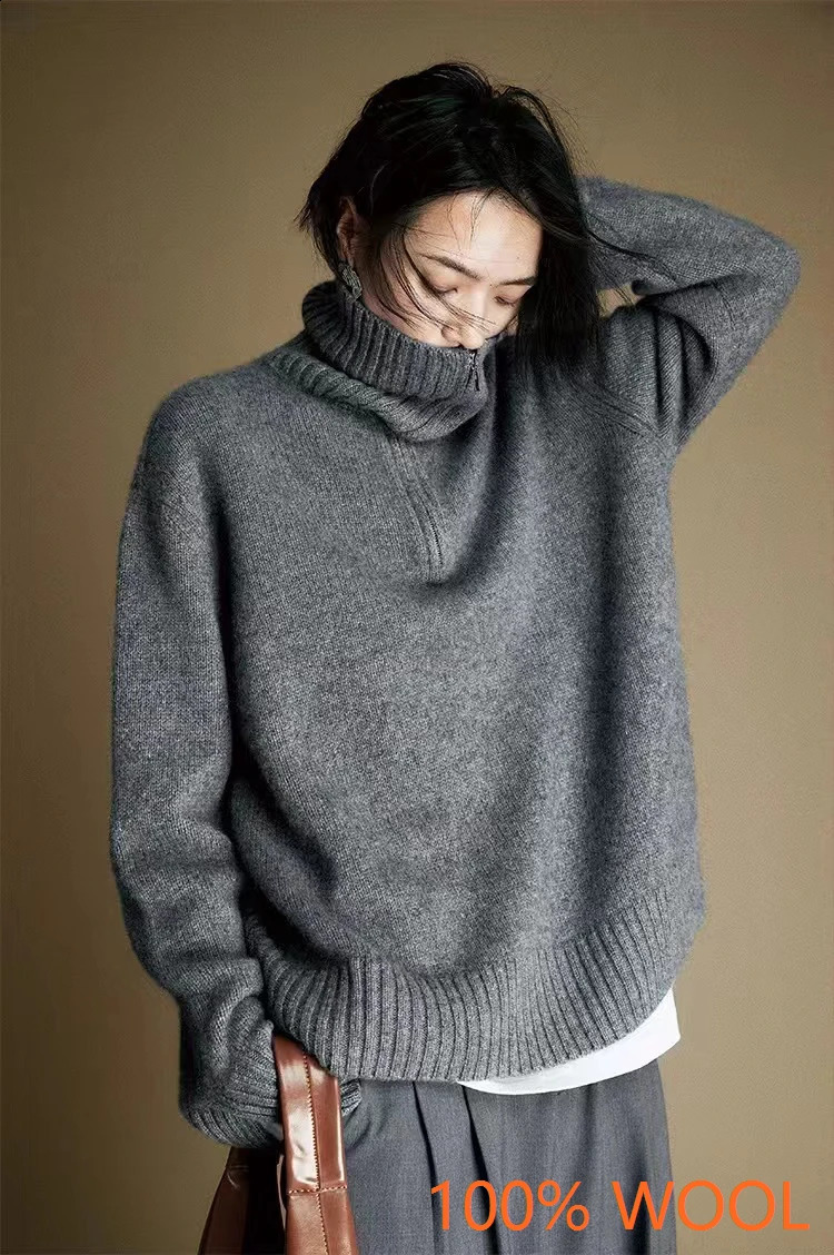 Women 100 Merino wool Sweater Knit Zipper High Neck Lapel Pullover Autumn Winter Fashion Clothe Thick Warm 251022