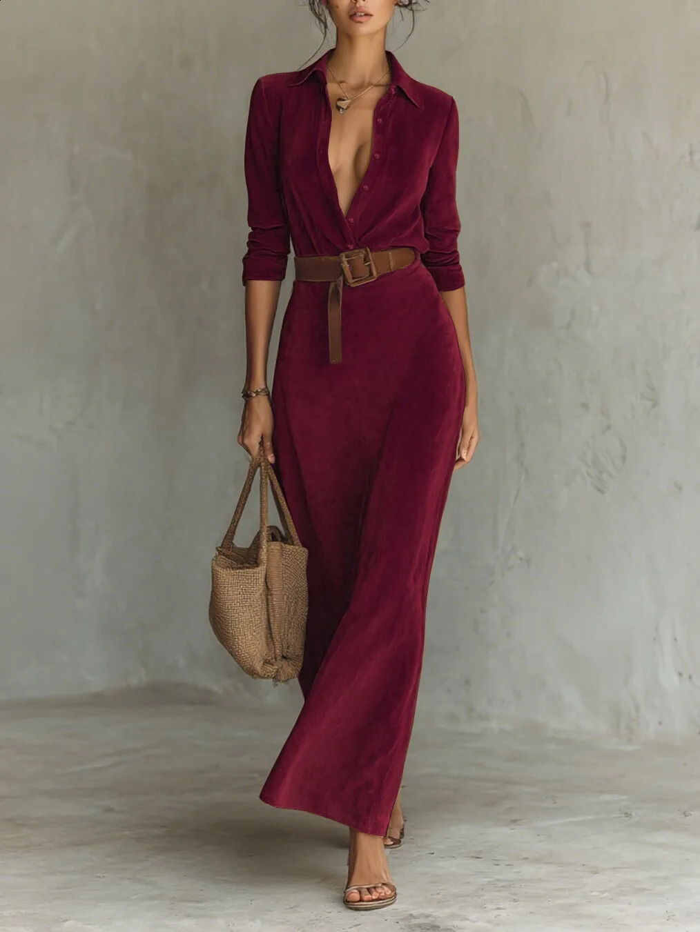 Winter Womens Minimalist Solid Belted Lapel Shirts Dress Long Sleeve High Waisted Suede Female Casual Party Maxi Dresses 251022