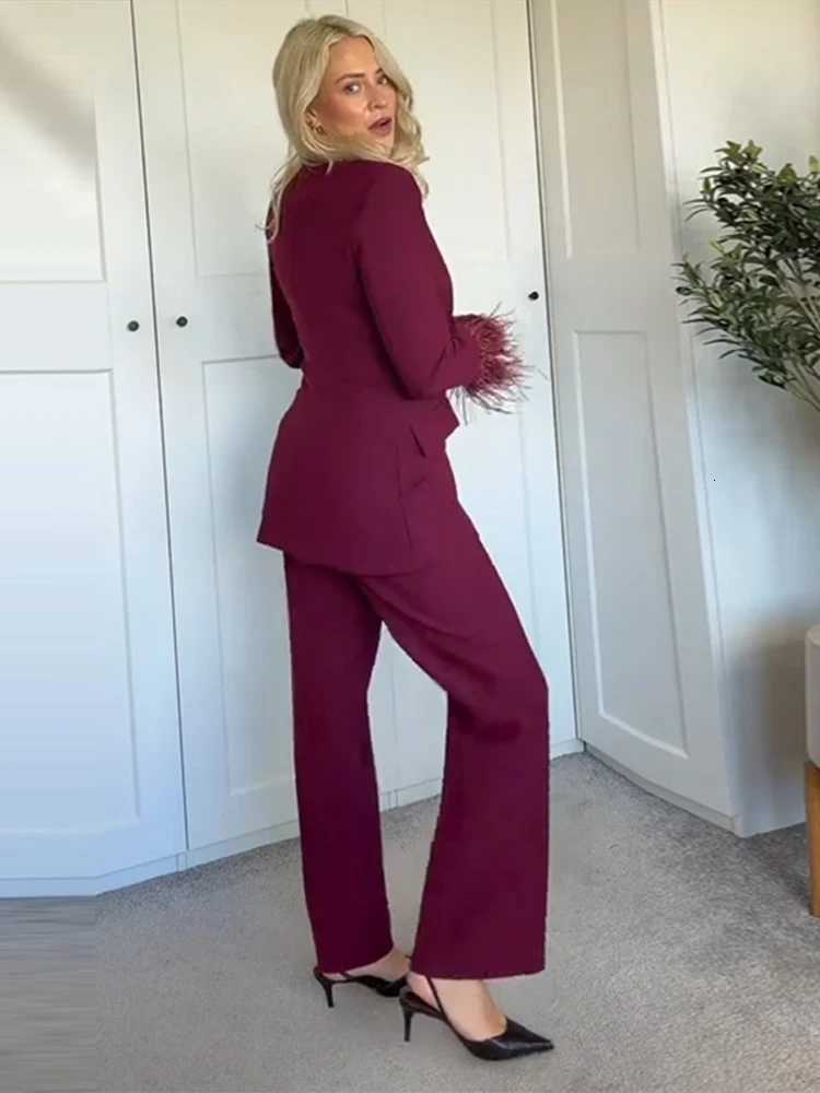 Fashionblazer Sets Women Pant Suits Lapel Long Sleeves Singlebreasted Feather Blazer High Waist Long Pants Female OutfitT251022