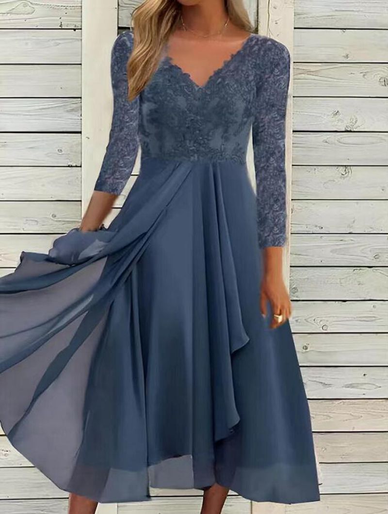European and American autumn and winter new long sleeved chiffon dress patch V-neck lace hollow bridesmaid evening dress designer evening dress
