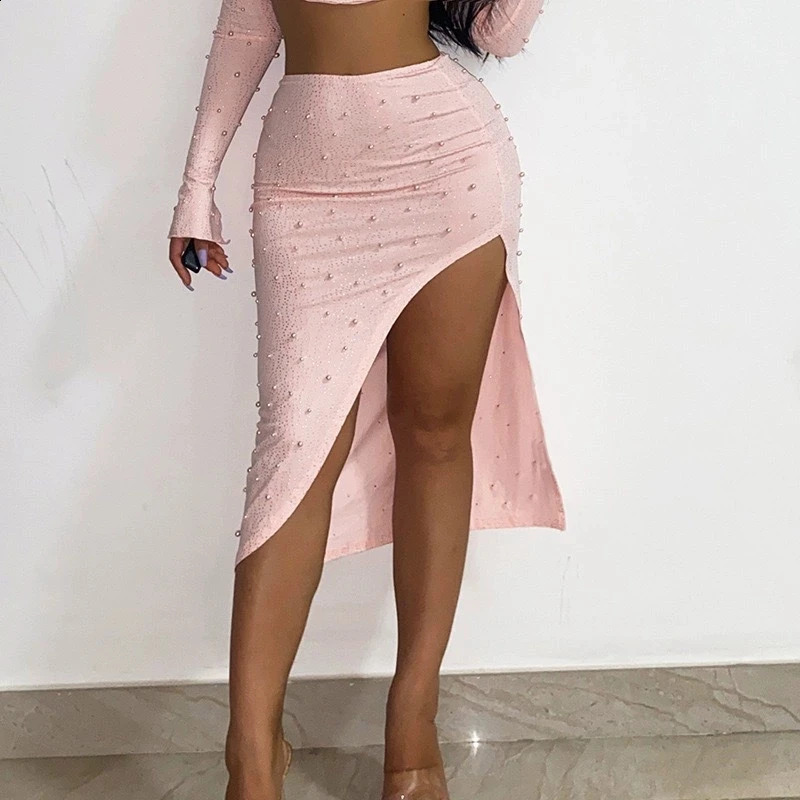 Women Fashion Split Slim Club Party Sets Elegant Beaded Solid Skirt Outfits Sexy Square Collar Crop Tops Long 2Pc Suit 251022