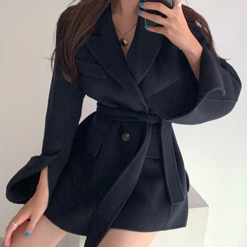 Retro Chic Autumn Winter Woolen Coat One Button Long Sve Suit Collar Waist Cinched Side Slit Warm Knitwear for Women 251020