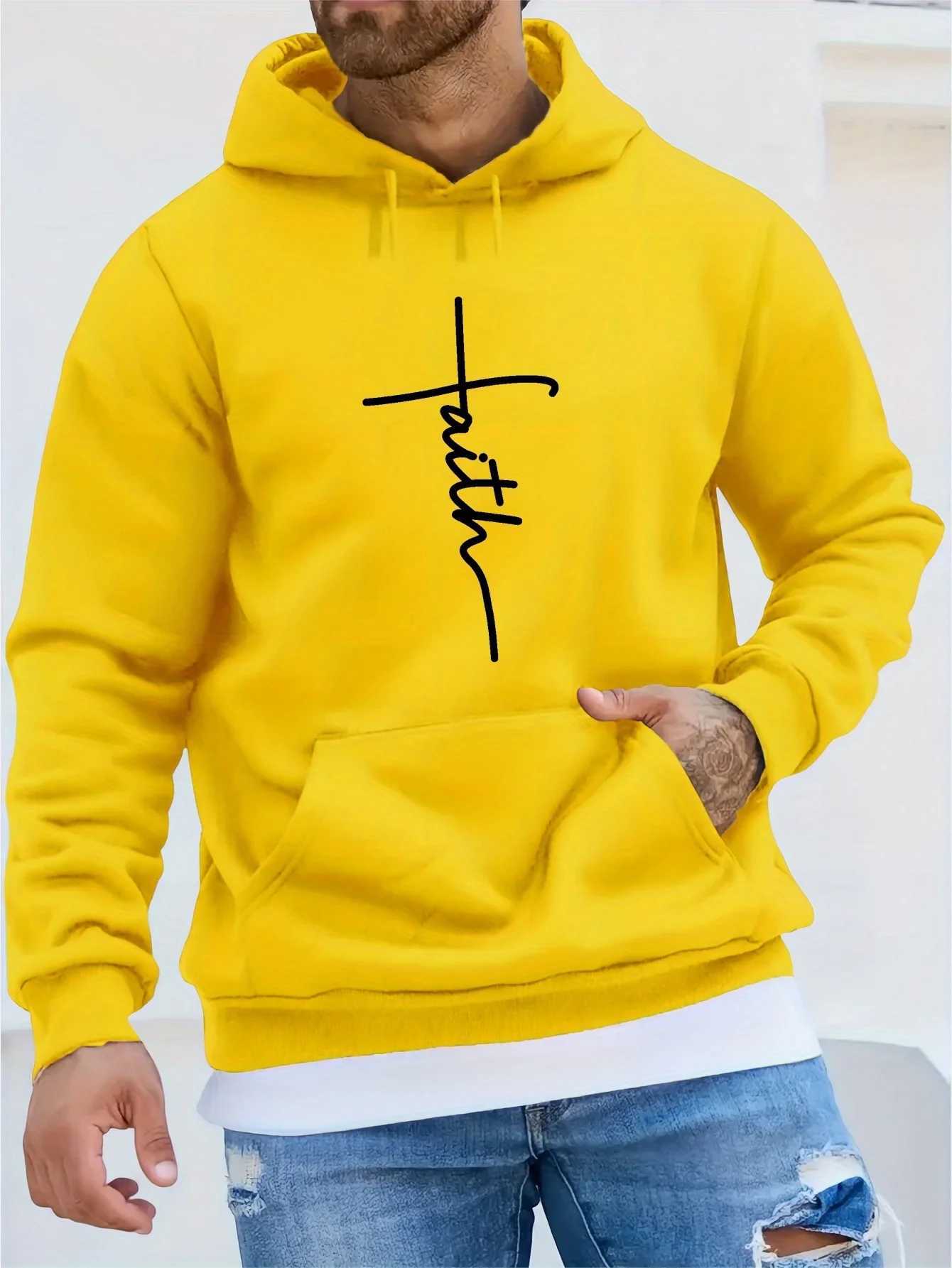 Mens autumn and winter casual fashion loose faith print long sleeved hooded sweatshirt warm sports pulloverT251023