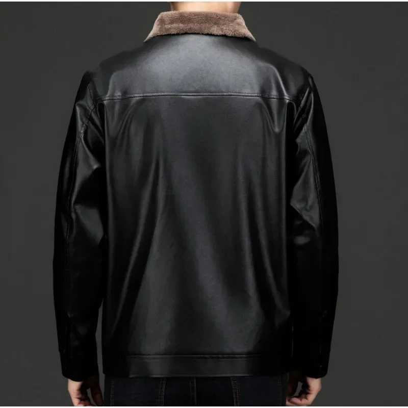 Mens Autumn and Winter Long Sleeved Leather Jacket with Fleece Collar for Warmth and Fashion Leather Jacket Men W251023