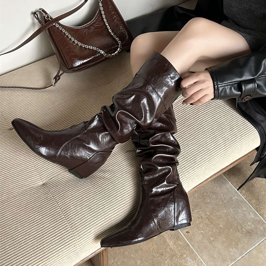 Soft Leather Chunky Heel Wrinkled Slouchy Riding 2025 Autumn New Style Internal Designer Shoe Height Increase Slim High Tube Long Boots