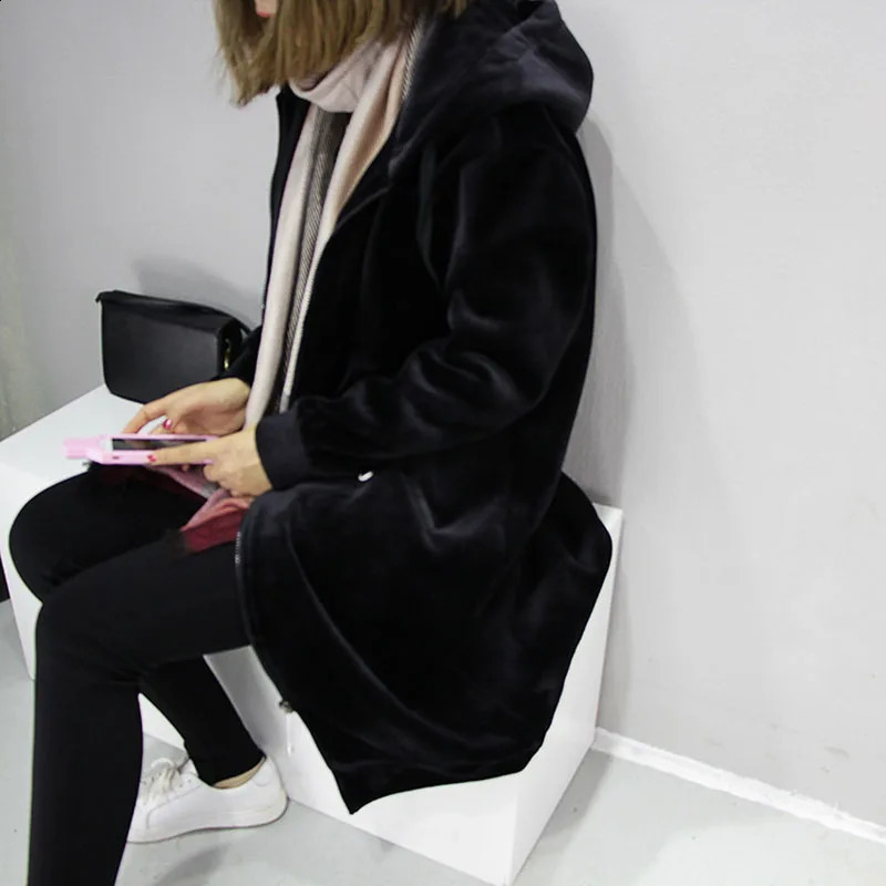 Medium Long Velvet Zipper Hoodie Jacket Loose Versatile Cardigan Sweatshirt Womens Spring Autumn Student Thick Warm Top 251022