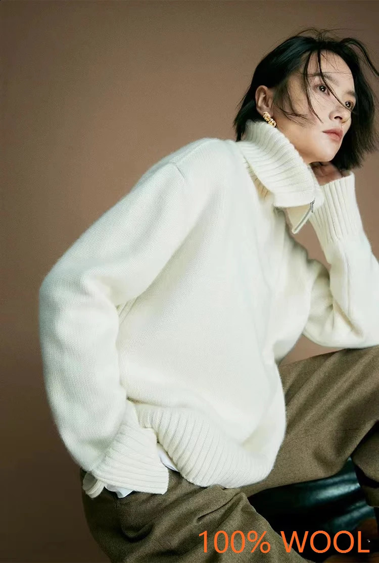 Women 100 Merino wool Sweater Knit Zipper High Neck Lapel Pullover Autumn Winter Fashion Clothe Thick Warm 251022