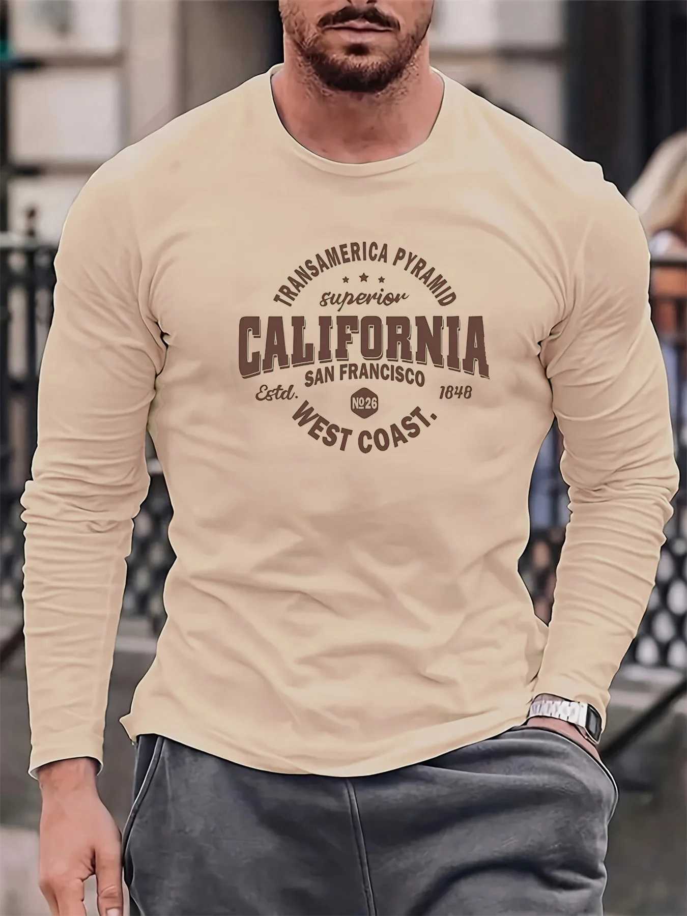 Mens 100 pure cotton loose fit comfortable sports and leisure California West printed round neck long sLeeved TshirtXJ251023