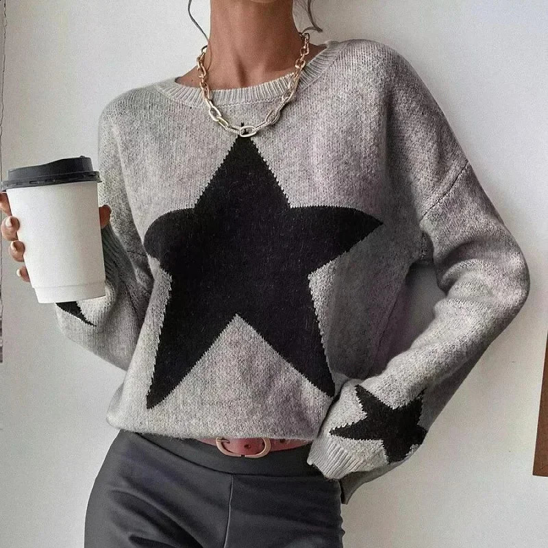 Star Sweater Pullover Women Autumn Spring Simple Knit Elastic Pullovers Jumper Casual Thick Warm Black White Basic Jumpers 251023
