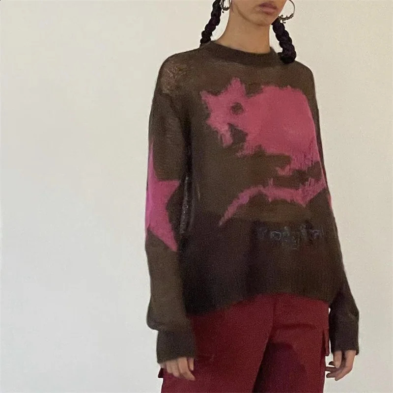 Oversized Hollow Out Knit Sweaters Women Grunge Harajuku Streetwear Loose Long Sleeve Round Neck Pullover Tops Casual Jumpers 251023