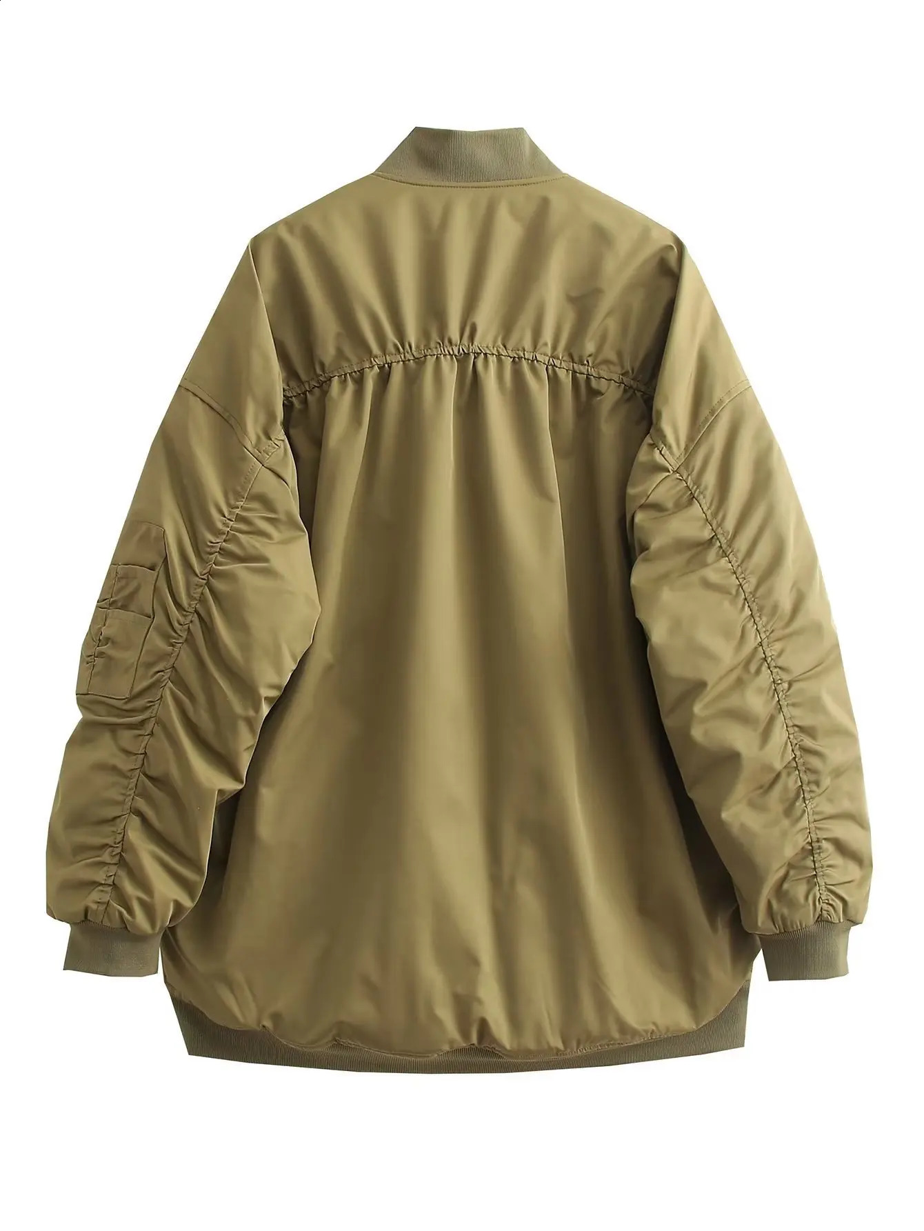 Womans Loose Bomber Jacket Stand Collar Zipper Pleated Long Sleeve Contrast Color Cropped Casual Autumn Chic Coat 251013