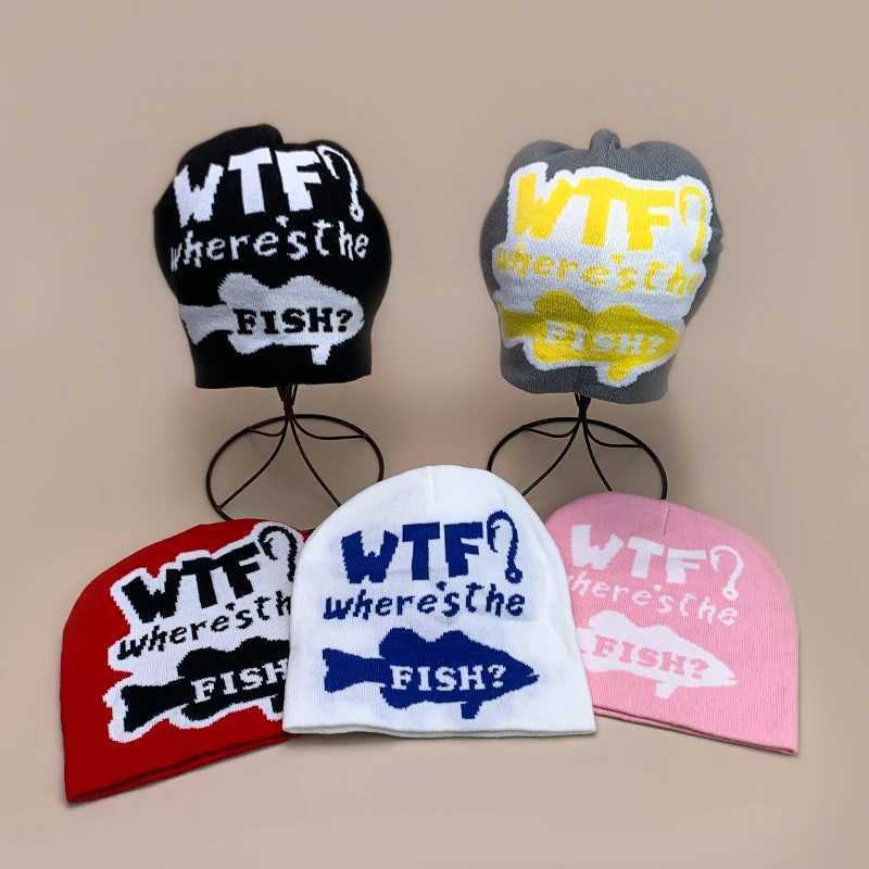 Street Funny Fish Letter Knitted Hats Autumn and Winter New Unisex Warm Versatile Hip Hop Color Block Fashion Personal BeaniesXJ251023