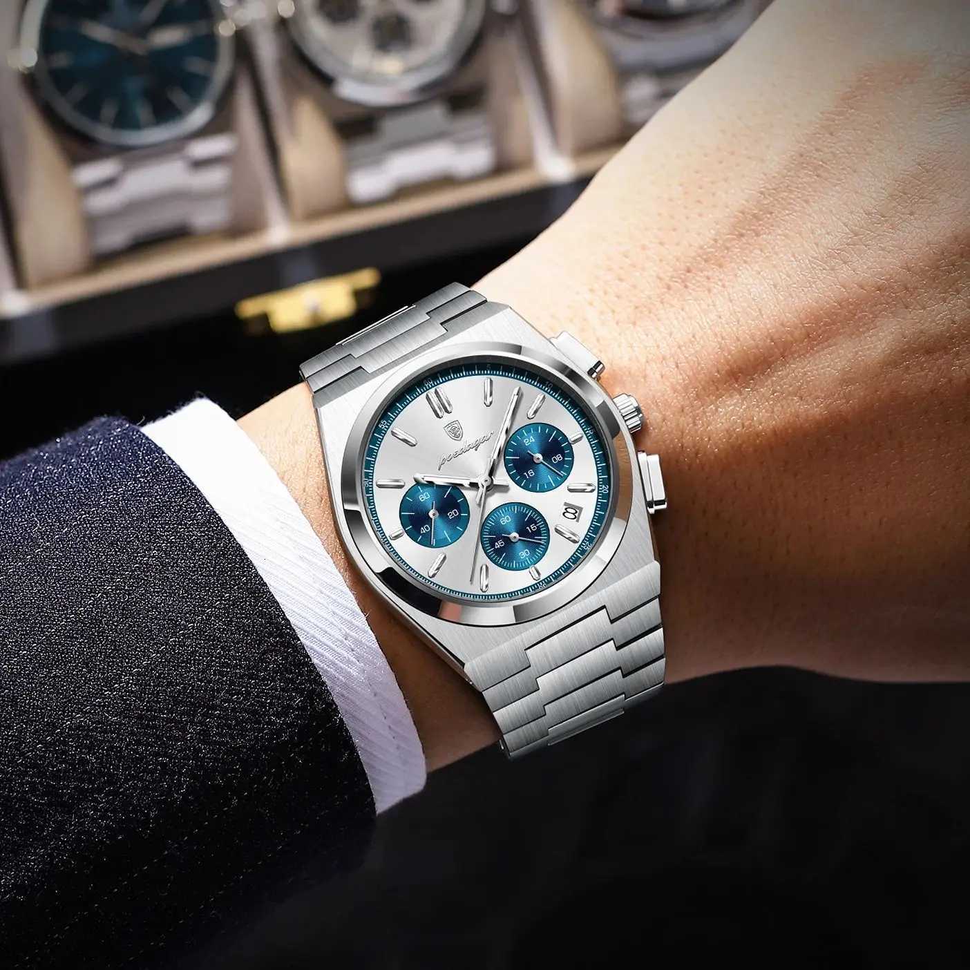 POEDAGAR Luxury Man Watch Chronograph Date Stainless Steel Sport Men Wristwatch Waterproof Luminous Fashion Quartz Mens WatchesL251023