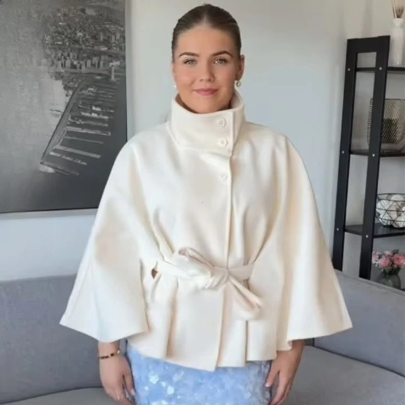 Womens Short Cape Coats For Women Belt Blends Autumn Winter Solid Elegant Cloak Jacket Ladies 2025 251018