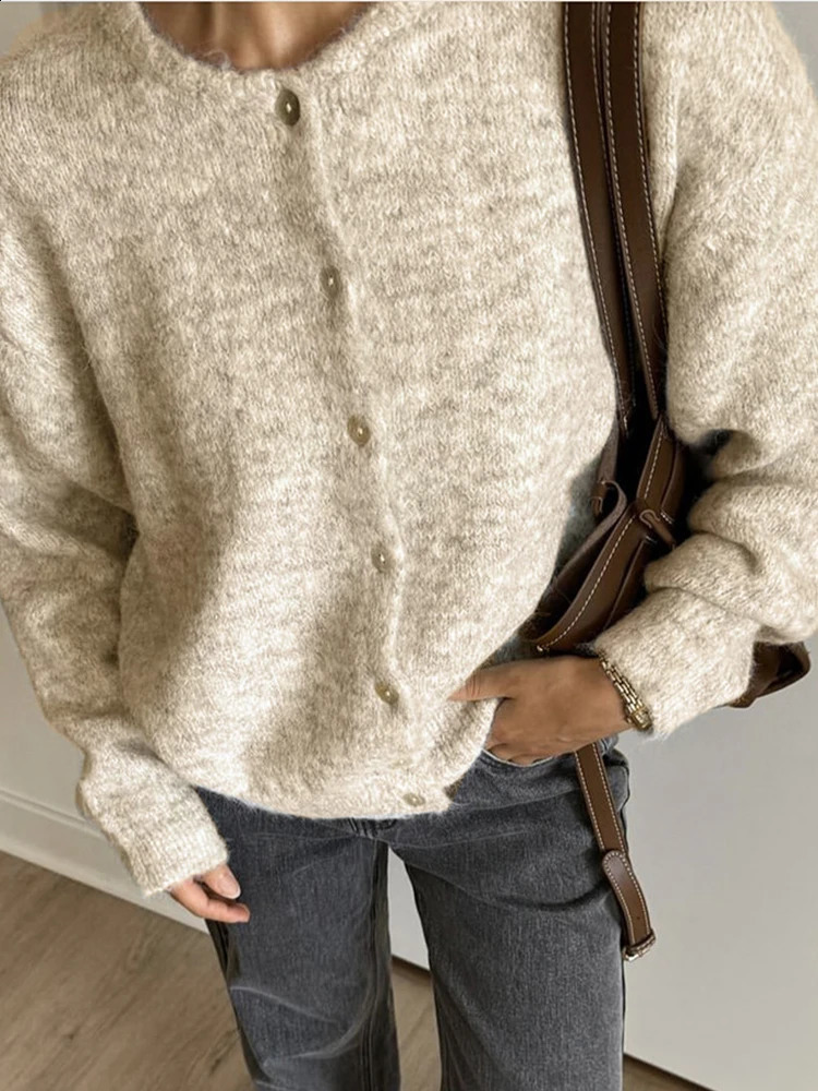 Womens Loose Solid Sweater Coat O Neck Cardigan Office Commute Knitwear Single Breasted Long Sleeve Streetwear Tops Autumn 251022