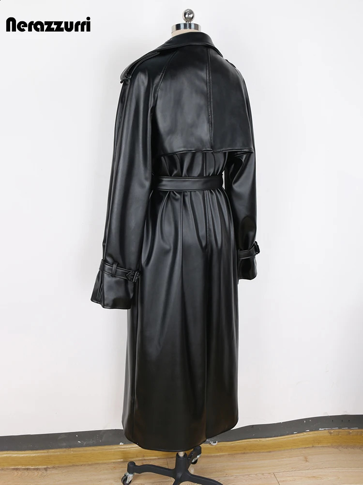 nerazzurri Spring Autumn Long Oversized Windproof Waterproof Black Pu Leather Trench Coat Men Belt Double Breasted Overcoat 251023