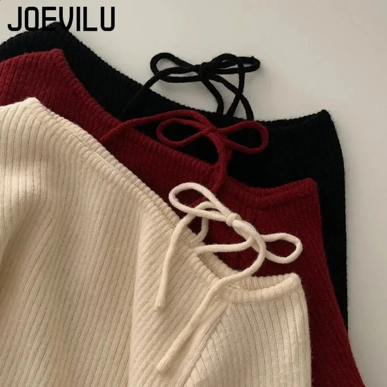 JOEVILU Slanted Collar Tied Irregular Pullover Womens Long Sleeved Knitted Tops Autumn Winter Korean Fashion Red Retro Sweaters 251020