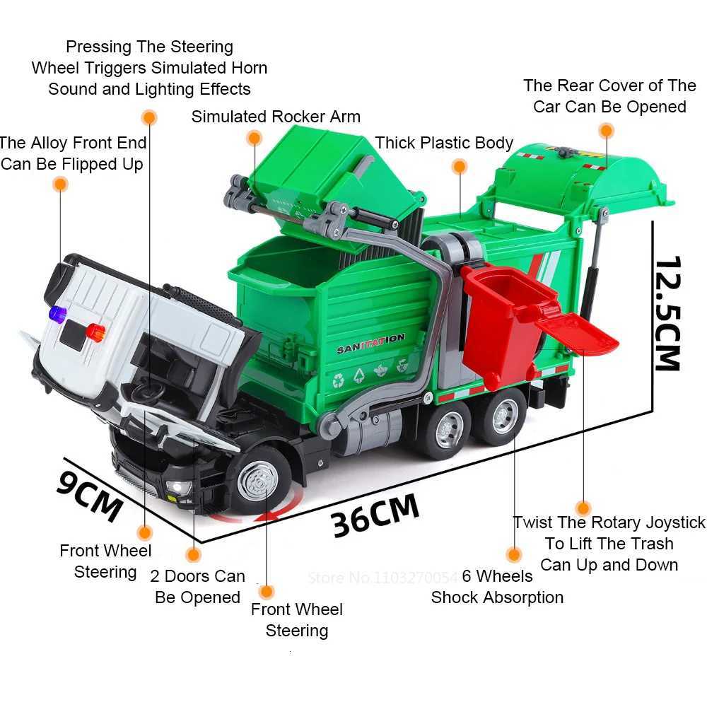 132 Alloy Urban Sanitation Truck Sprinkler Car Model Toys Diecast Sound Light Pull Back Doors Opened Vehice for Childrens GiftT251023