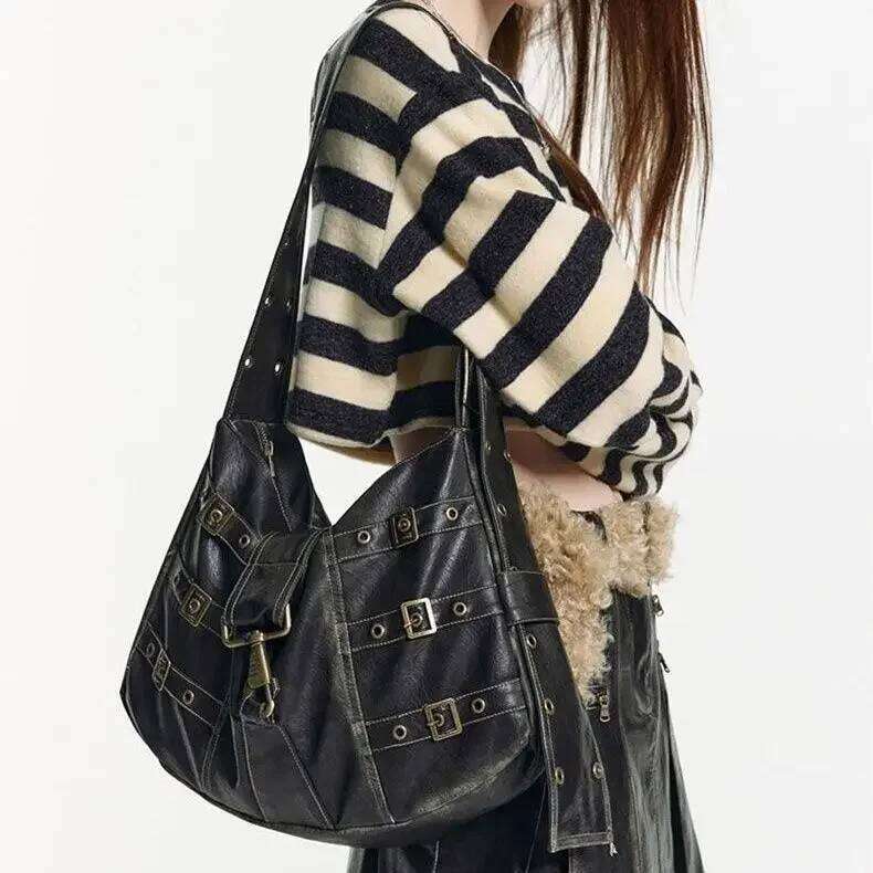 American Retro Punk Leather Handbag Metal Button Shoulder Bags Tote Woman Large Capacity Commuting Storage Bag Purse