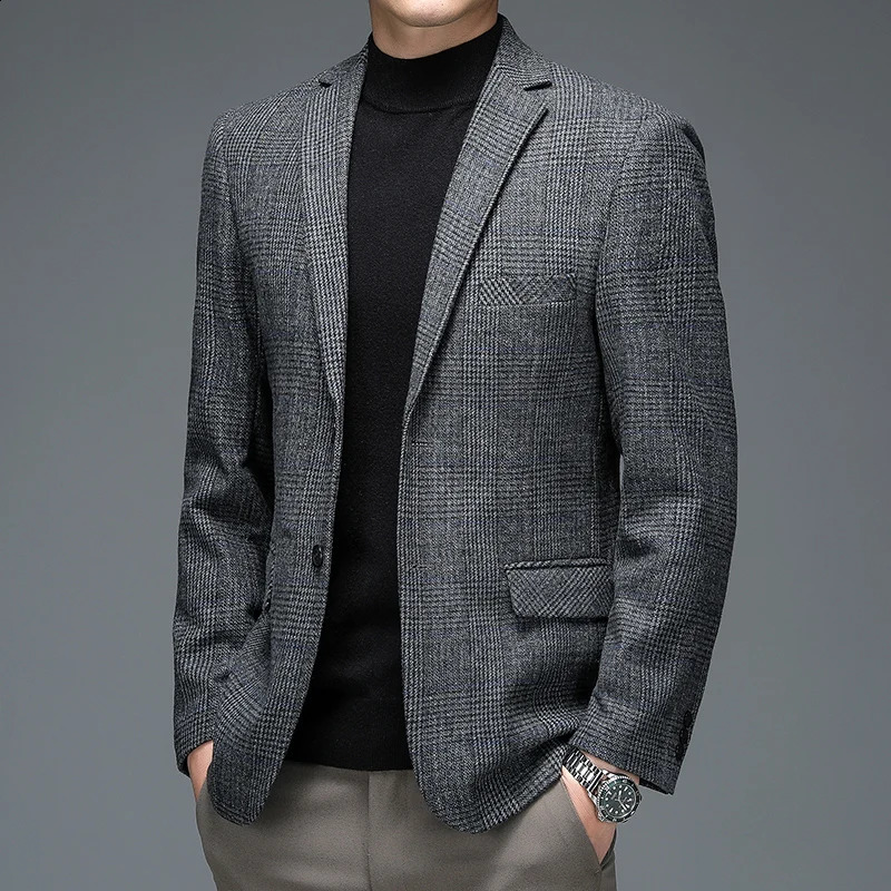 Autumn Winter Men Plaid Wool Blazer Smart Casual Gray Camel Navy Blue Checked Pattern Woolen Blend Jacket Suit Elegant Outfits 251023