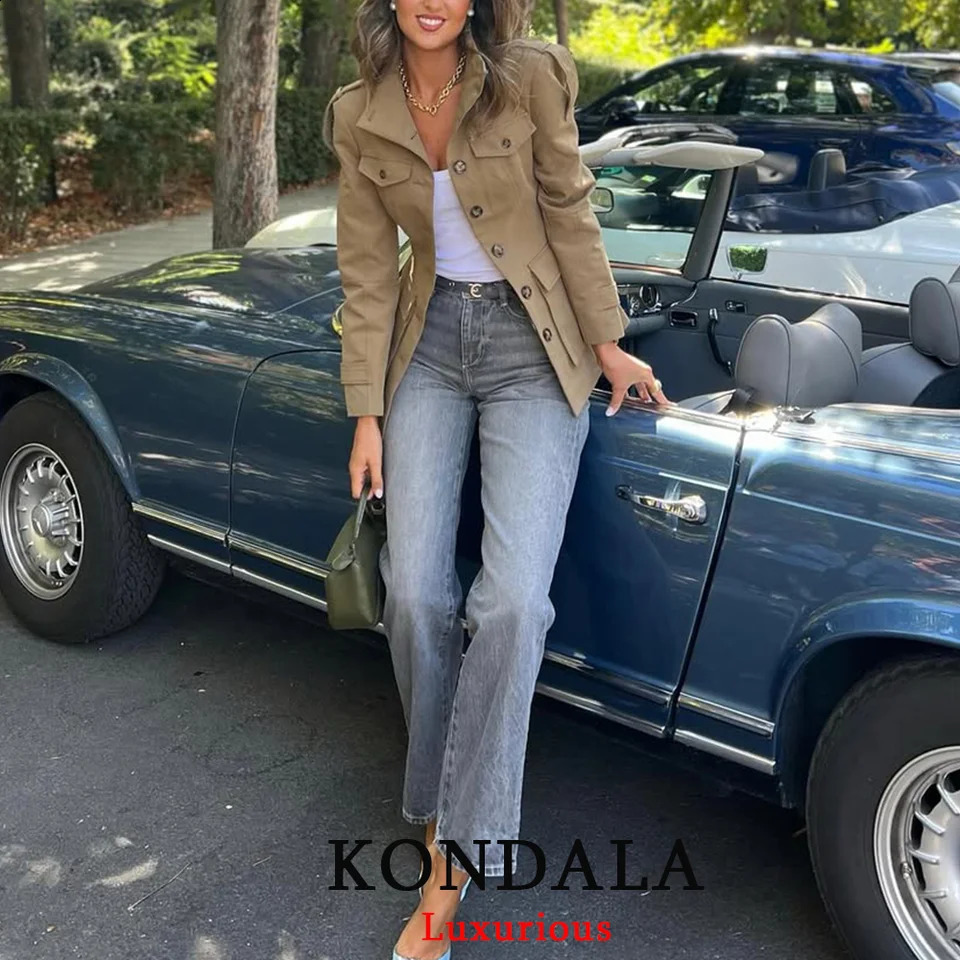 KONDALA Office Lady Trench Jackets Women Long Sleeve Buttons Pockets Chic Khaki Coats Fashion Slim Straight Fall Outwears 251013