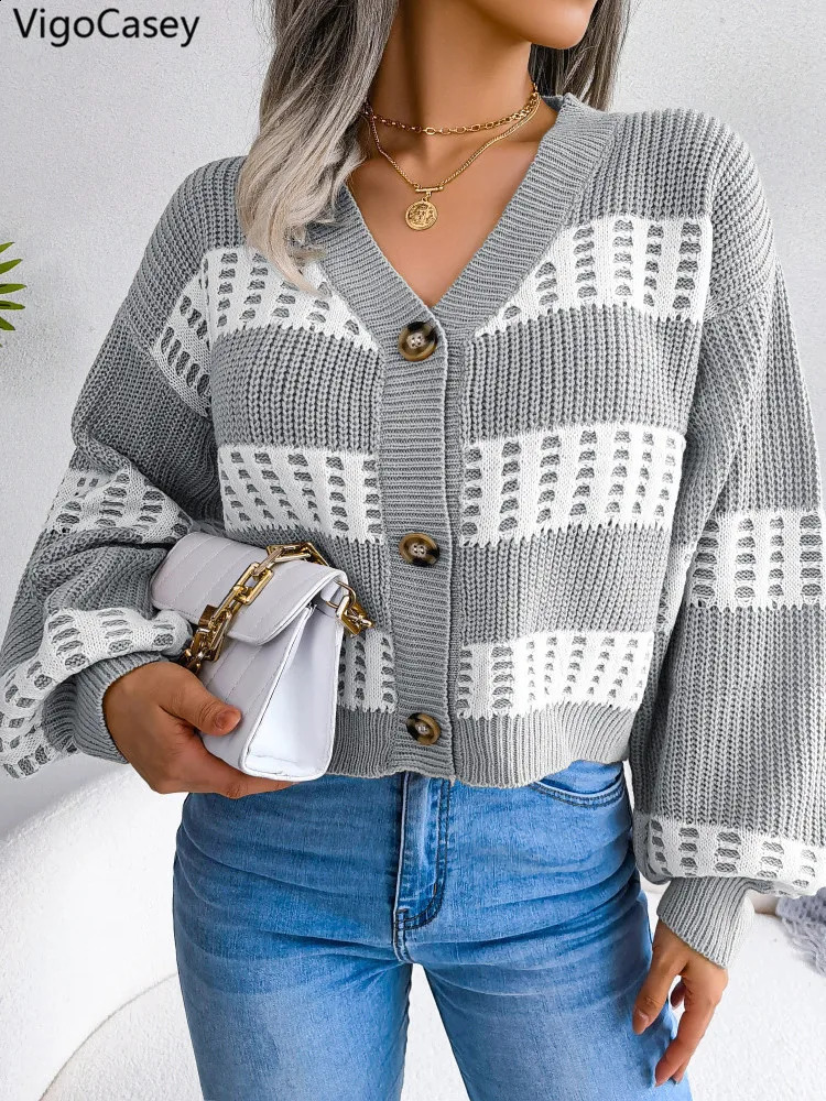 VigoCasey Autumn V Neck Single Breasted Sweater Cardigan Winter Women Casual Stripe Lady Loose Short Knitted Coat 251022