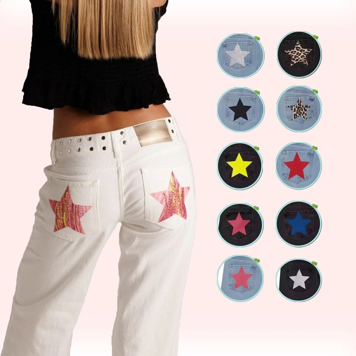 Spanish Street Fashion ONE DILEMMA Style Rivet Fivepointed Star Pattern White Jeans Womens Autumn Slim Straight Pants 251022