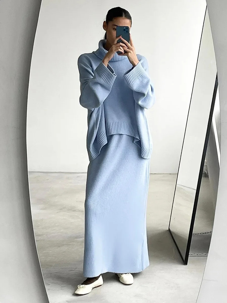 Wolfeel Womens Knitted Turtleneck Sweater Skirt 2 Piece Set Autumn Winter Loose Solid Color Knit Outfit Casual Warm Suit 251022