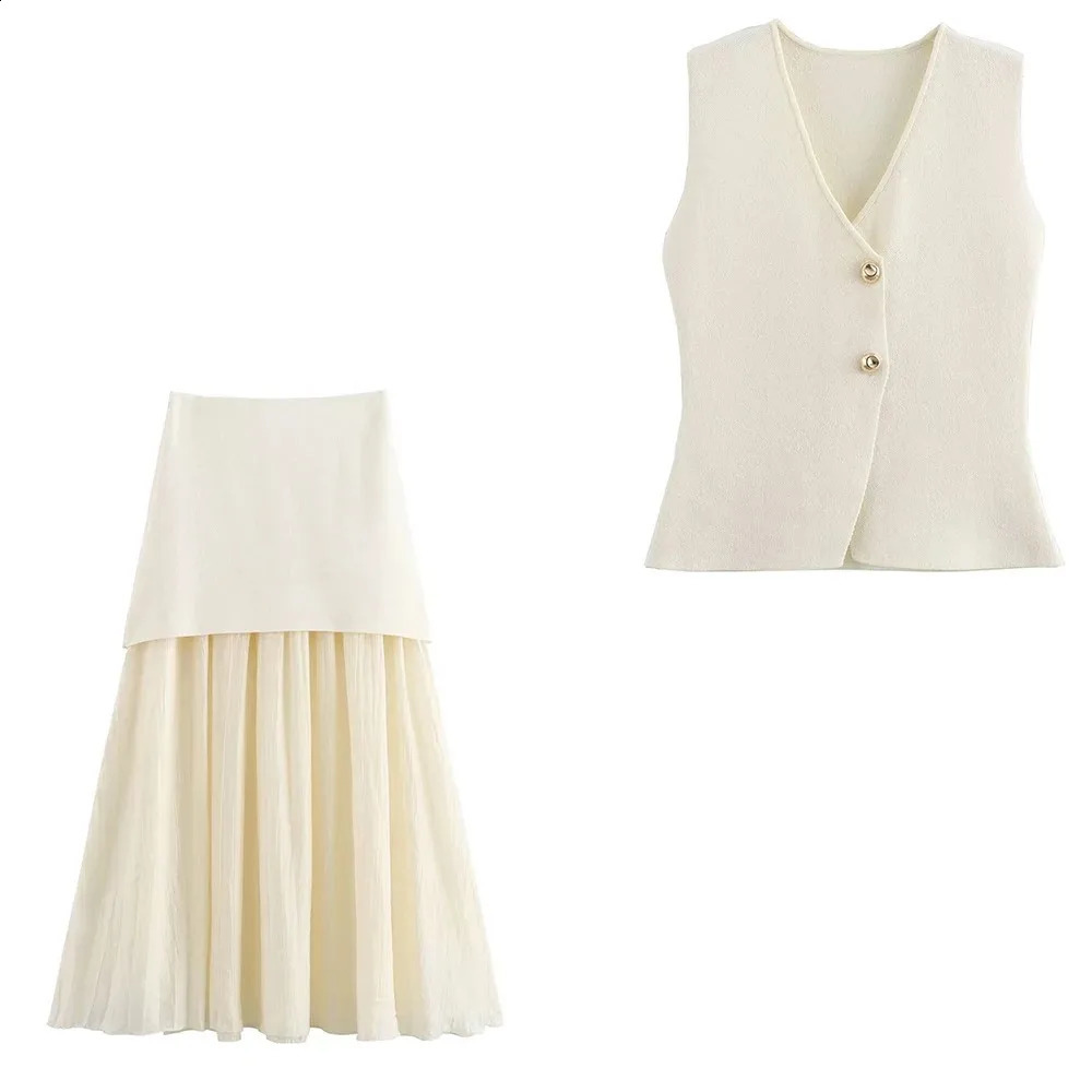 Womens Funky Suit Gold Button Knit Vest Crinkle Embellished Long Skirt Street Style Elegant Womenswear 251016