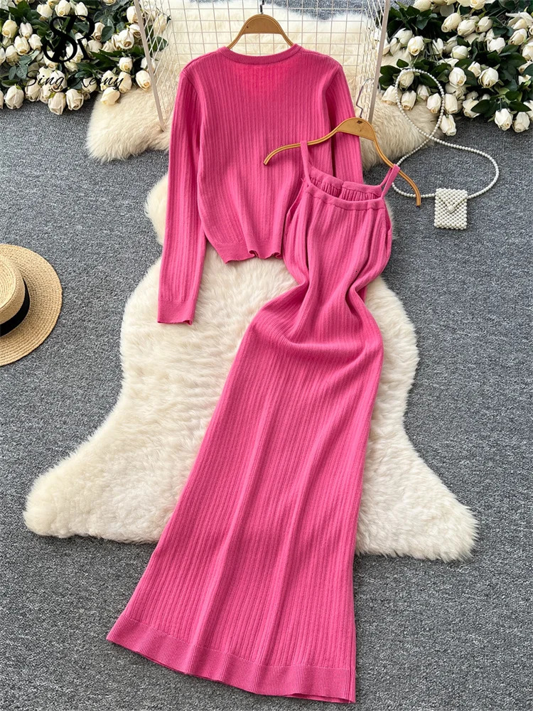 SINGREINY Autumn Elegant OL Women Suits Long Sleeve Single Breasted TopsSleeveless Strap Bodycon Dress Knit Solid Sweater Sets 251020