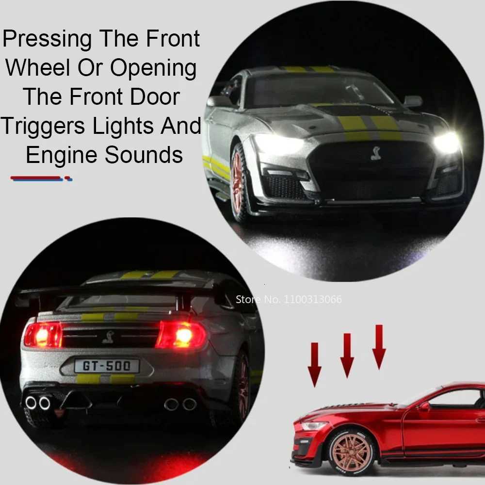 132 Mustang Shelby GT500 Miniature Cars Toys Alloy Models 4 Doors Opened Rubber Tires Vehicles Light Sound Car Model OrnamentsT251023