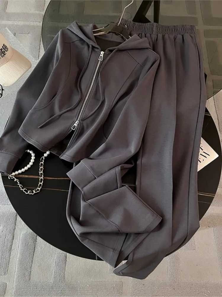 Fashion Solid Color Long Pant Twopiece Set For Woman Casual Hoodie Coats Wideleg Pants Suit Autumn Winter Ladies Office OutfitT251022