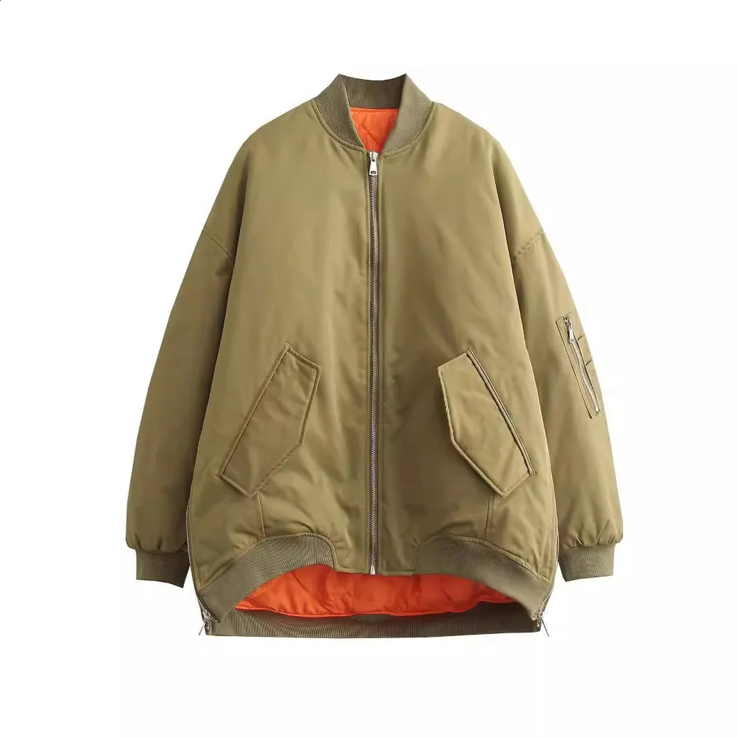 Womans Loose Bomber Jacket Stand Collar Zipper Pleated Long Sleeve Contrast Color Cropped Casual Autumn Chic Coat 251013